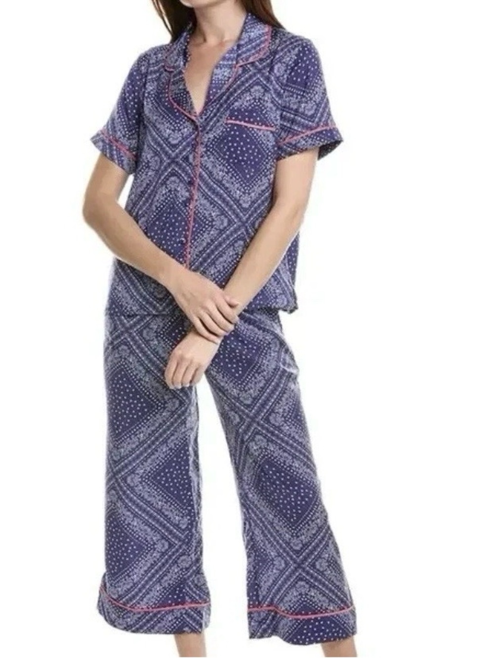 Room Service Pajama Set Women's XS Blue White Hearts Short Sleeve Collar Capri